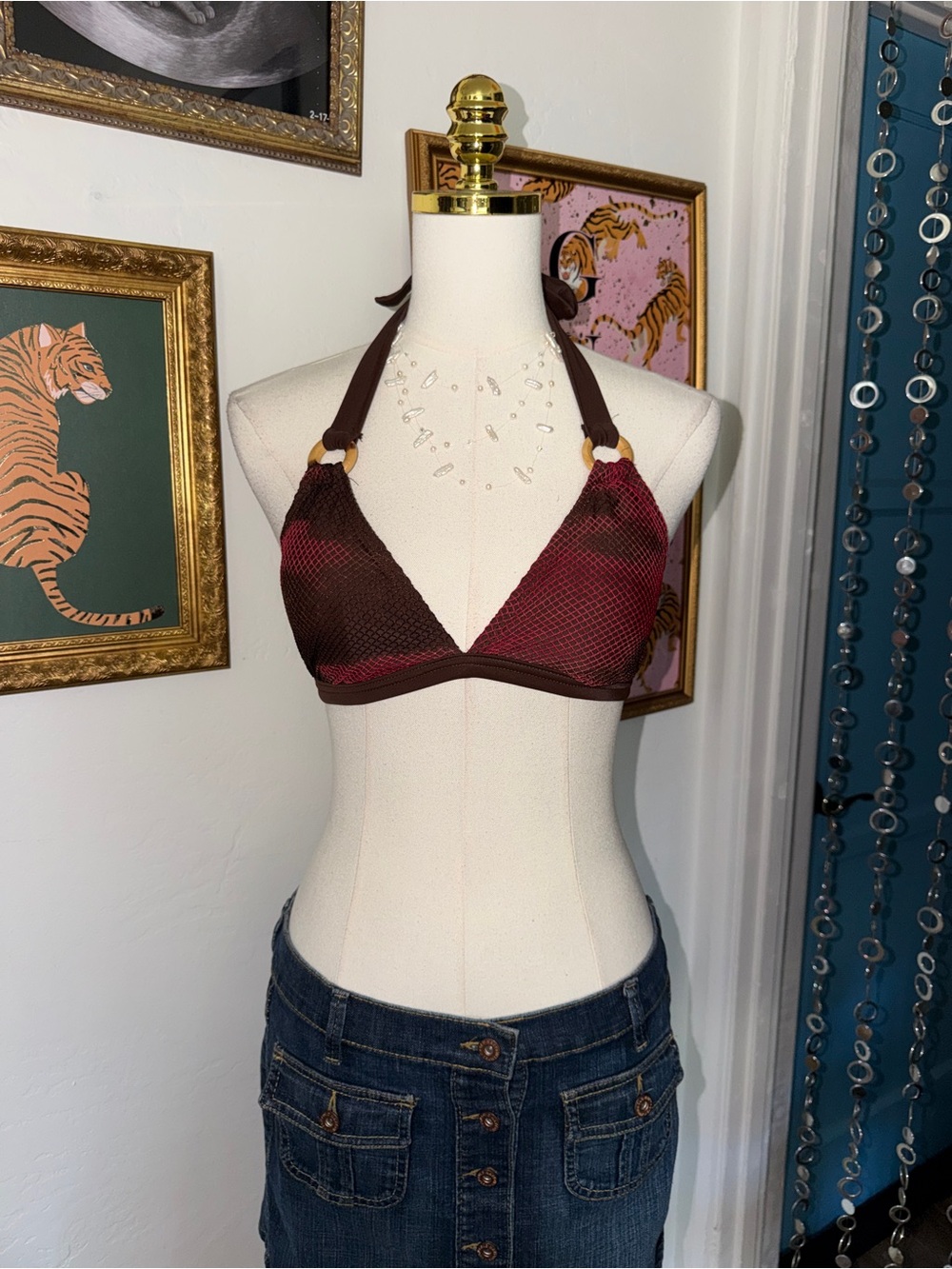 Vintage Y2K No Boundaries Burgundy and Chocolate Halter Triangle Bikini Top